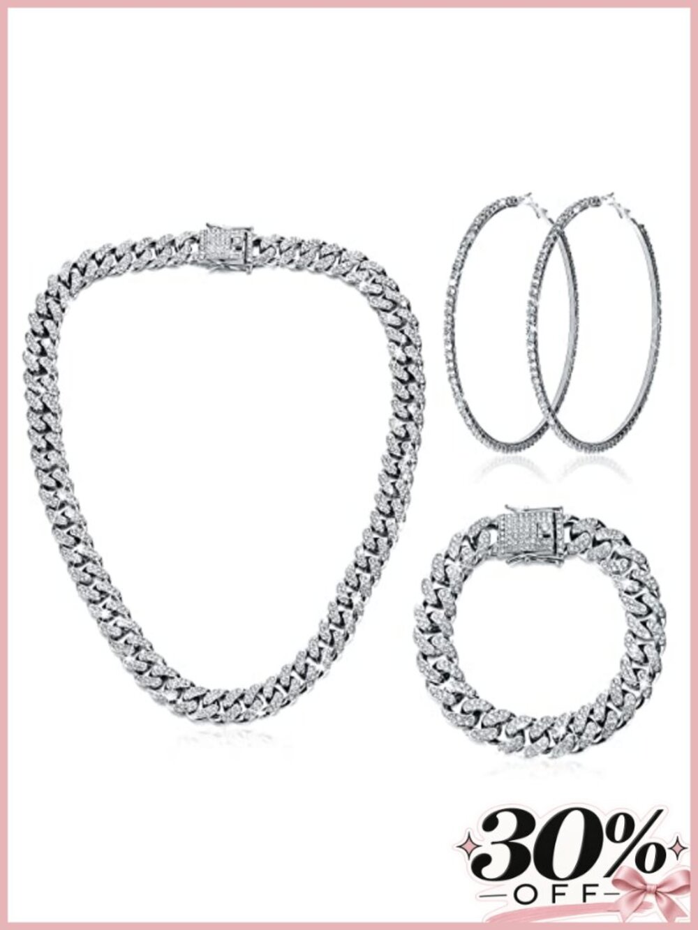 3-Piece Crystal Hip Hop Jewelry Set w/ Cuban Link Necklace Bracelet & Hoop